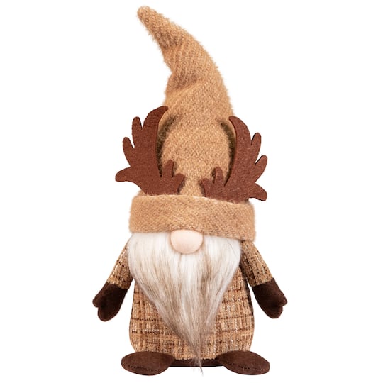 35847892 11.75 in. Plush Gnome with Moose Hat Fall Harvest Decoration, Brown